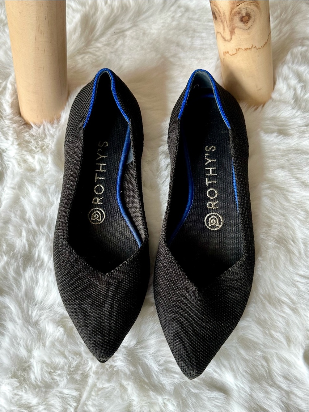 Rothy's Black Pointed Slip-On Flats with Blue Trim 7